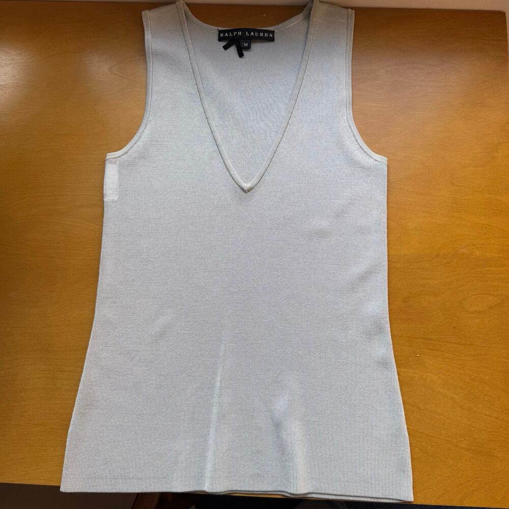 Ralph Lauren Silver Gray Metallic Knit V-Neck Sleeveless Top M Quiet Luxury